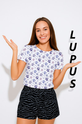 LUPUS Printed Women Round Neck White, Blue T-Shirt