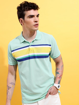 HIGHLANDER Striped Men Polo Neck Light Green T-Shirt