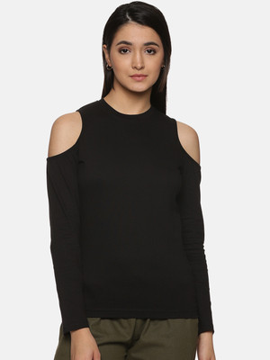 Trends Tower Solid Women Round Neck Black T-Shirt