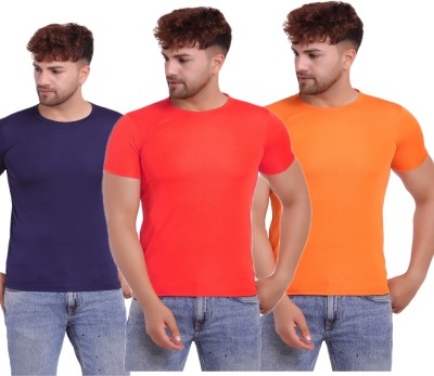 KASPY Solid Men Round Neck Red, Orange, Navy Blue T-Shirt