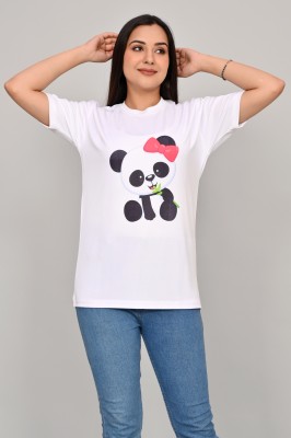 Guffu Animal Print, Printed Women Round Neck White T-Shirt