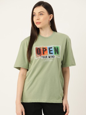 SLENOR Printed, Typography Women Round Neck Light Green T-Shirt