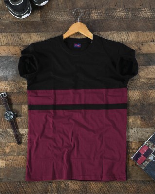 Helz Colorblock Men Round Neck Black, Maroon T-Shirt