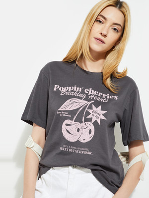 MAX Printed Women Round Neck Grey T-Shirt