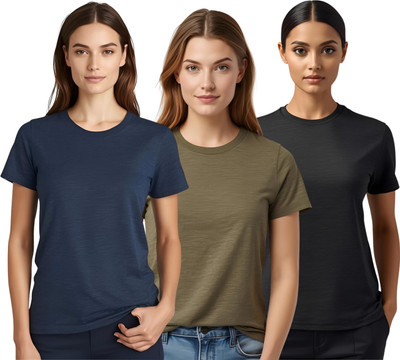 SHARXTRENDS Solid Women Round Neck Black, Grey, Silver T-Shirt