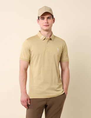 U.S. POLO ASSN. Self Design Men Polo Neck Beige T-Shirt