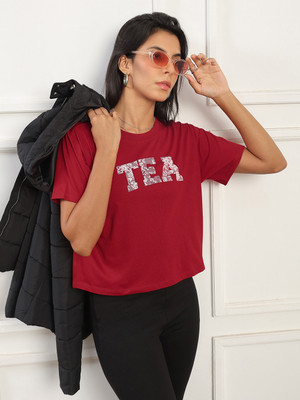 Globus Printed Women Round Neck Red T-Shirt