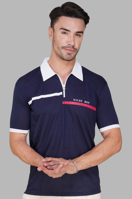 NB NICKY BOY Printed Men Zip Neck Navy Blue T-Shirt