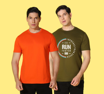 WOOSTRO Solid Men Round Neck Orange, Green T-Shirt