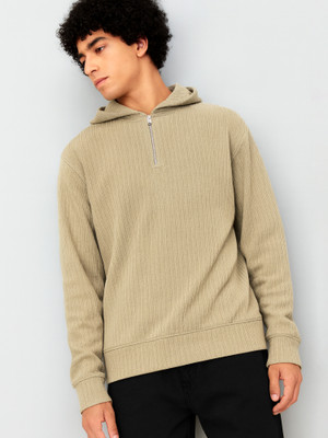 Jump Cuts Self Design Men Hooded Neck Beige T-Shirt