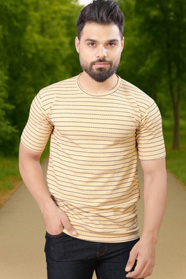 METRONAUT Striped Men Round Neck Yellow T-Shirt