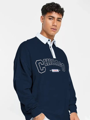 Jump Cuts Printed Men Polo Neck Dark Blue T-Shirt