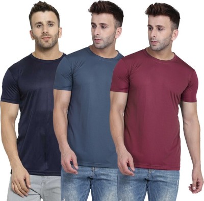 TQH Solid Men Round Neck Dark Blue, Maroon, Grey T-Shirt