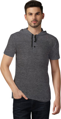 Blisstone Solid Men Hooded Neck Grey T-Shirt