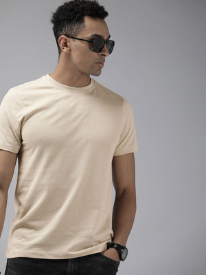 Roadster Solid Men Round Neck Beige T-Shirt