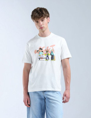 FLYING MACHINE Graphic Print Men Round Neck White T-Shirt