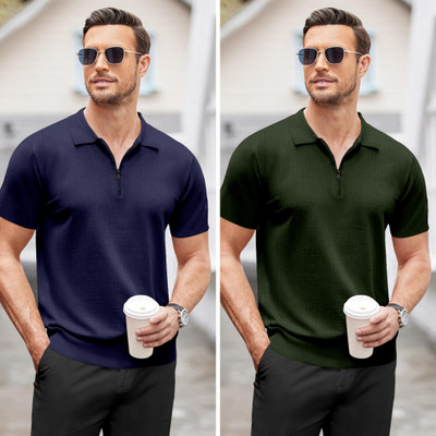 NTIFIC Self Design Men Polo Neck Dark Blue, Dark Green T-Shirt