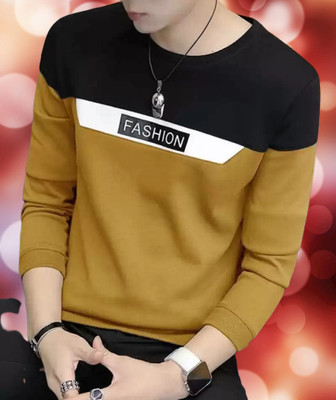 TEEMEX Colorblock Men Round Neck Yellow T-Shirt