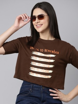 Kryptic Typography Women Round Neck Brown T-Shirt