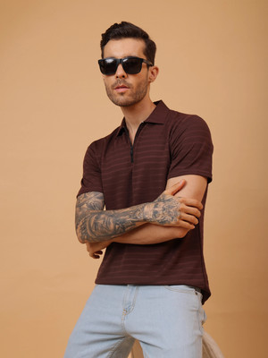 Adokedo Striped Men Polo Neck Brown T-Shirt