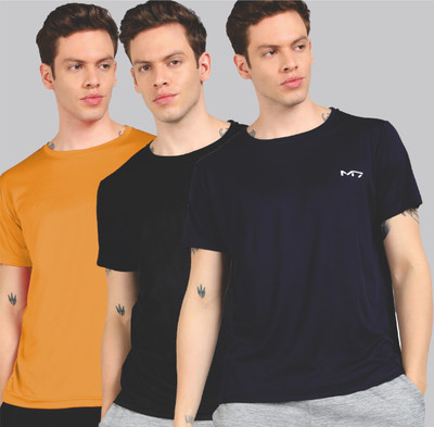 M7 Solid Men Round Neck Black, Navy Blue, Yellow T-Shirt