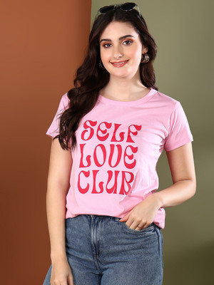 FUNDAY FASHION Printed Women Round Neck Pink T-Shirt