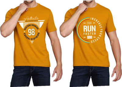 WOOSTRO Printed Men Round Neck Yellow T-Shirt