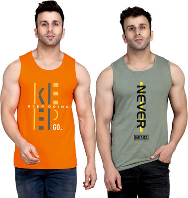 SLOWLORIS Printed Men Round Neck Light Green, Orange T-Shirt