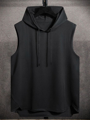 FURRR Solid Men Hooded Neck Black T-Shirt