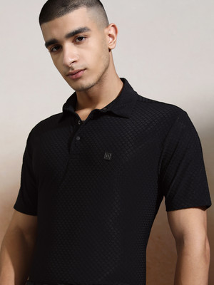 HIGHLANDER Self Design Men Polo Neck Black T-Shirt