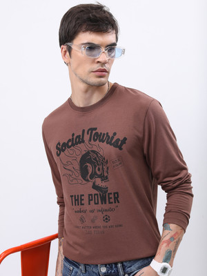 HIGHLANDER Printed, Typography Men Round Neck Brown T-Shirt