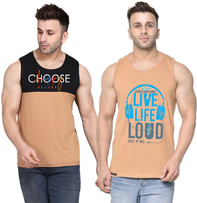 SLOWLORIS Printed Men Scoop Neck Beige, Black T-Shirt
