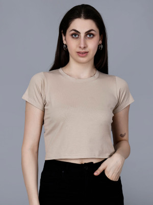 KISROLI Solid Women Round Neck Beige T-Shirt