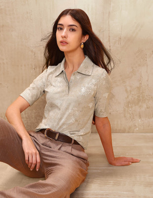 U.S. POLO ASSN. Self Design Women Polo Neck Beige T-Shirt