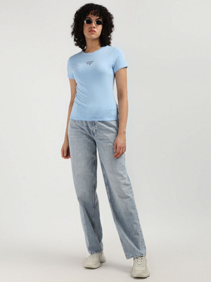 TOMMY HILFIGER Solid Women Round Neck Blue T-Shirt