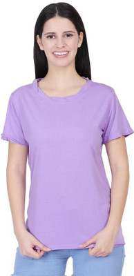 CLOTHINK India Solid Women Round Neck Purple T-Shirt