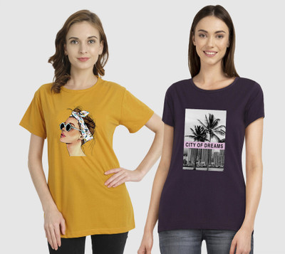 CHOZI Printed Women Round Neck Yellow, Purple T-Shirt