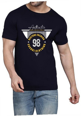 WOOSTRO Printed Men Round Neck Dark Blue T-Shirt