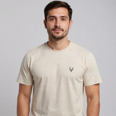 VITON Solid, Graphic Print Men Crew Neck Beige T-Shirt