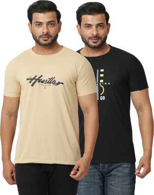 HANABY Graphic Print Men Round Neck Beige, Black T-Shirt