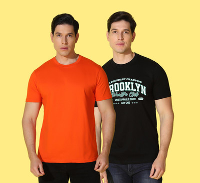 WOOSTRO Printed Men Round Neck Orange, Black T-Shirt