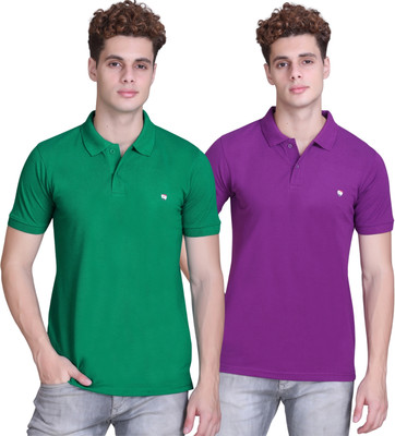 Zeffit Solid Men Polo Neck Green, Purple T-Shirt