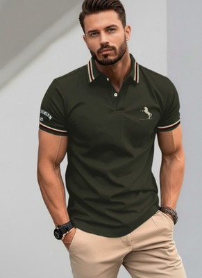 Leriya Fashion Solid Men Polo Neck Green T-Shirt