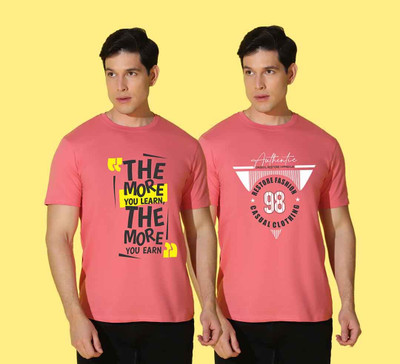 WOOSTRO Printed Men Round Neck Pink T-Shirt