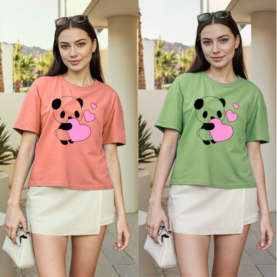 Herway Printed Women Round Neck Pink, Green T-Shirt