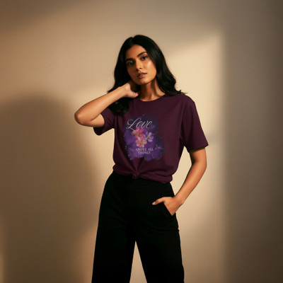 Kavod Lifestyle Floral Print Women Round Neck Purple T-Shirt