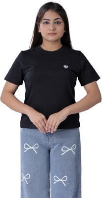 LEAFCARE Printed Women Round Neck Black T-Shirt