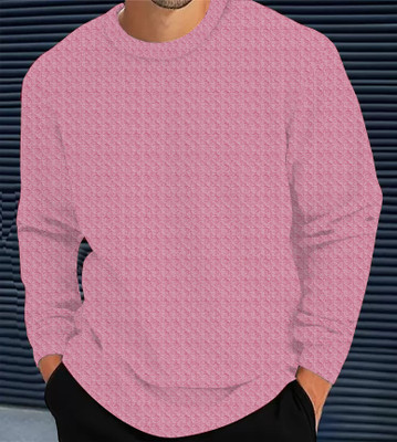KAJARU Self Design Men Round Neck Pink T-Shirt