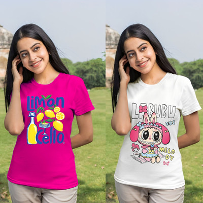 Kintu Parantu Printed Women Round Neck Pink, White T-Shirt