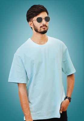 UNSULLY Solid Men Round Neck Light Blue T-Shirt